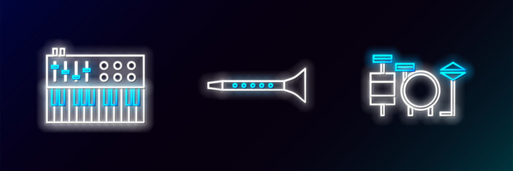 Set line Drums, Music synthesizer and Clarinet icon. Glowing neon. Vector