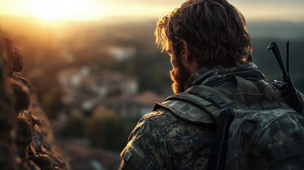 A soldier gazes over a scenic landscape at sunset, capturing a moment of tranquility amidst the backdrop of nature’s beauty and the weight of duty and commitment.