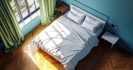 Un lit, vue de dessus, avec des draps blancs dans une chambre d'hôtel avec un mur coloré, un plancher en bois et des rideaux verts, lumière du soleil traversant la pièce.