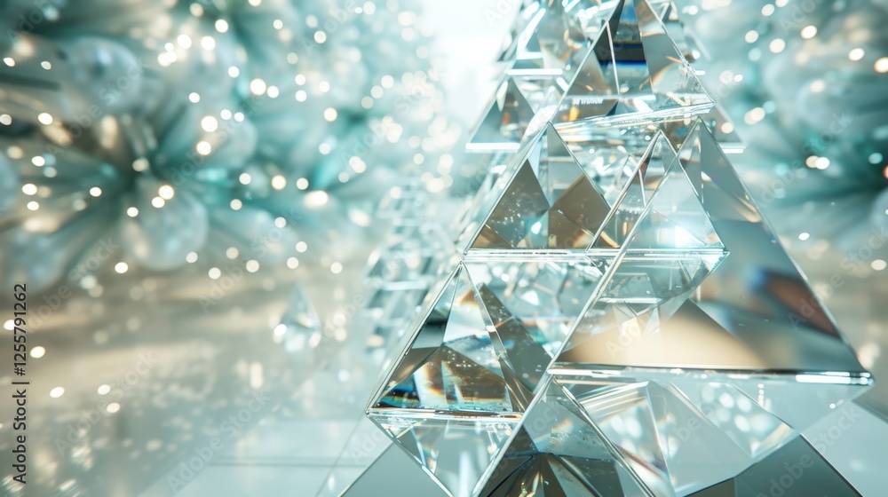Poster abstract 3d rendering of translucent crystal pyramids reflecting ambient glowing light, arranged sym