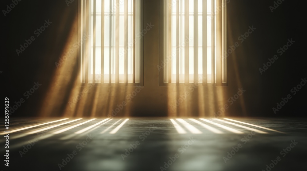 Poster this image captures warm sunlight streaming through slatted window shades, creating a serene and cal