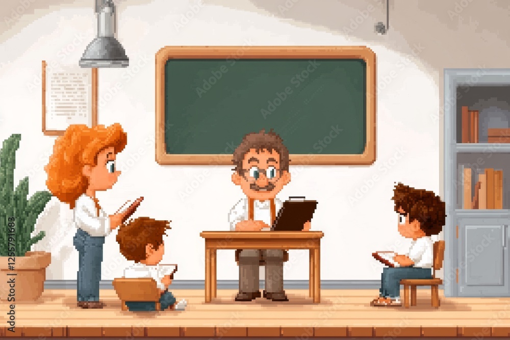 Poster A 8-bit pixel art of a faculty member giving a lecture in a small pixelated classroom with tiny students taking notes