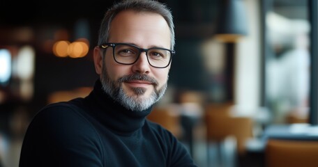 Un homme d'âge moyen séduisant avec barbe, portant des lunettes et un pull à col roulé noir, assis dans un bureau moderne ou un restaurant, regardant la caméra et souriant.