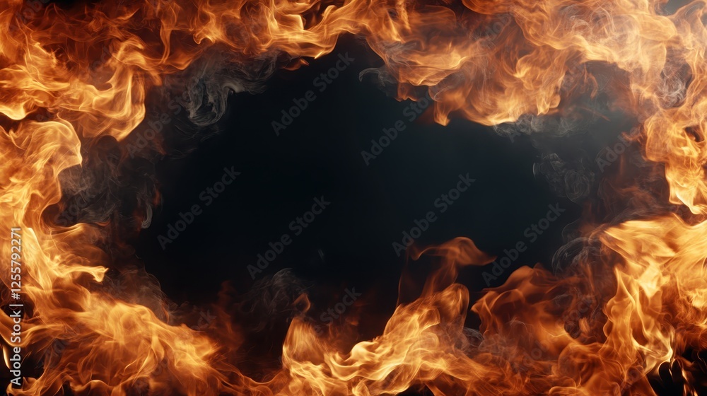 Poster an abstract representation of fiery flames encircles a dark void, creating a striking contrast that 