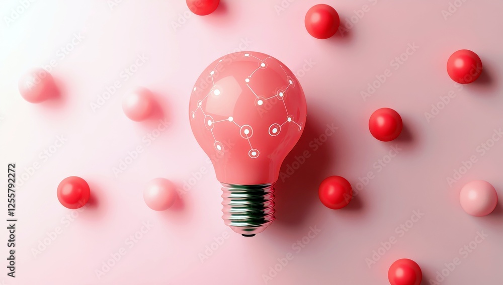 Poster pink light bulb with network design surrounded by red and pink balls on soft background for creative