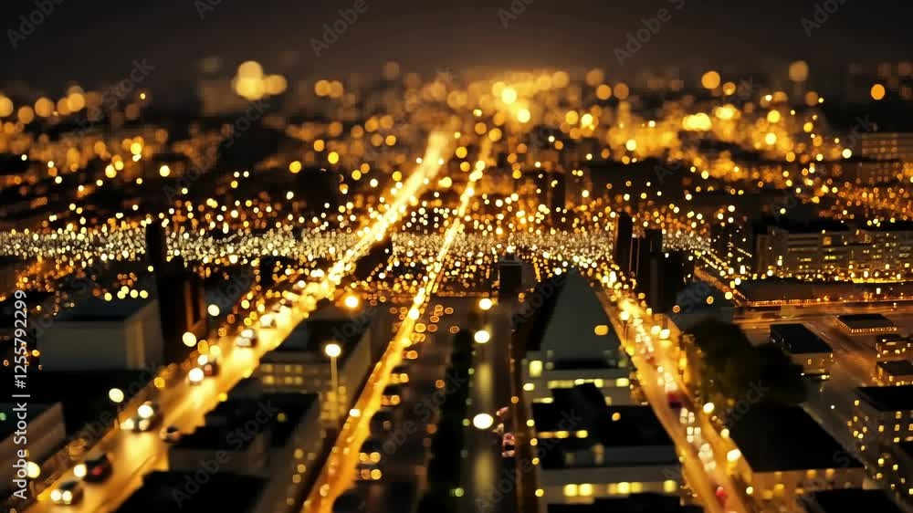 Poster golden particles are flowing towards a bright light, creating an abstract, futuristic background wit