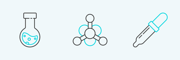 Set line Pipette, Test tube and flask chemical and Bacteria icon. Vector