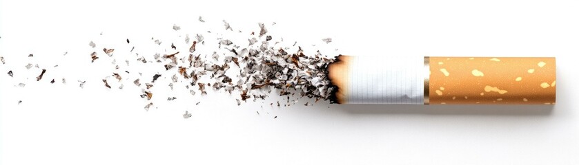 Disintegrating Cigarette: Tobacco Debris and Partially Smoked Cigarette on White Background