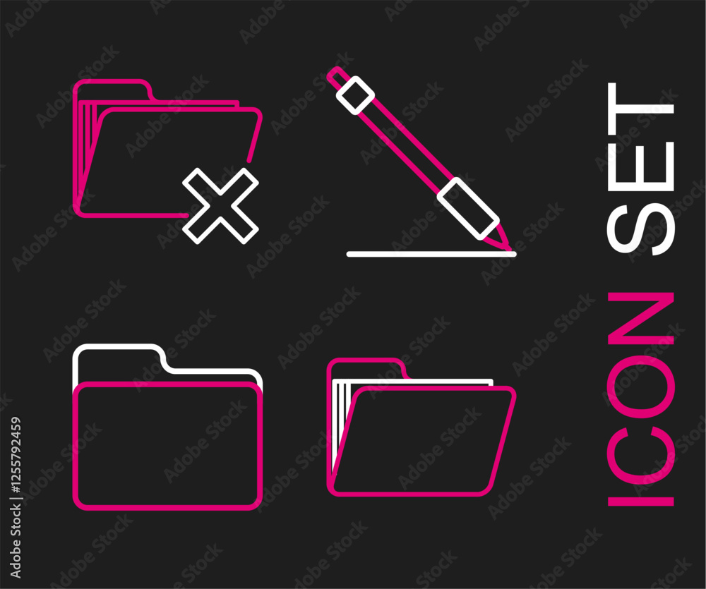 Poster set line document folder, pen line and delete icon. vector