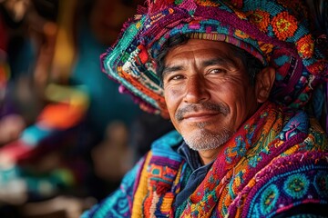 Fototapeta premium local artisan support. Portrait of a man in a vibrant, traditional hat and colorful attire.