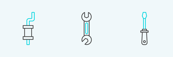 Set line Screwdriver, Car muffler and Wrench icon. Vector