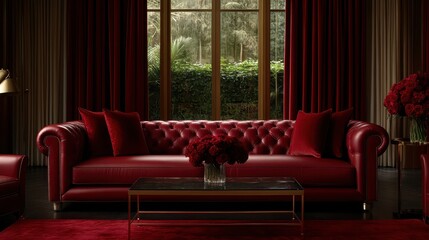 A sophisticated red sofa set in an elegantly designed lounge, exuding luxury and style while providing an inviting ambiance for relaxation and social gatherings.
