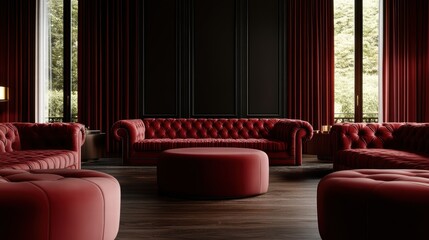 A stylish red seating area featuring rich textures and a warm atmosphere, creating a perfect space for relaxation and conversation among friends or family.