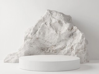 Stone concept shop product display strong podium stand commercial advertisement rock white raw nature material. space for placing products 