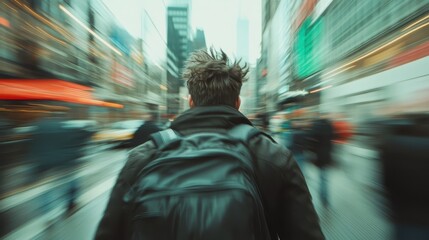 A blurred perspective of a person amid the hustle of a busy city, symbolizing the fast-paced nature of modern urban life and the anonymity often experienced within it.