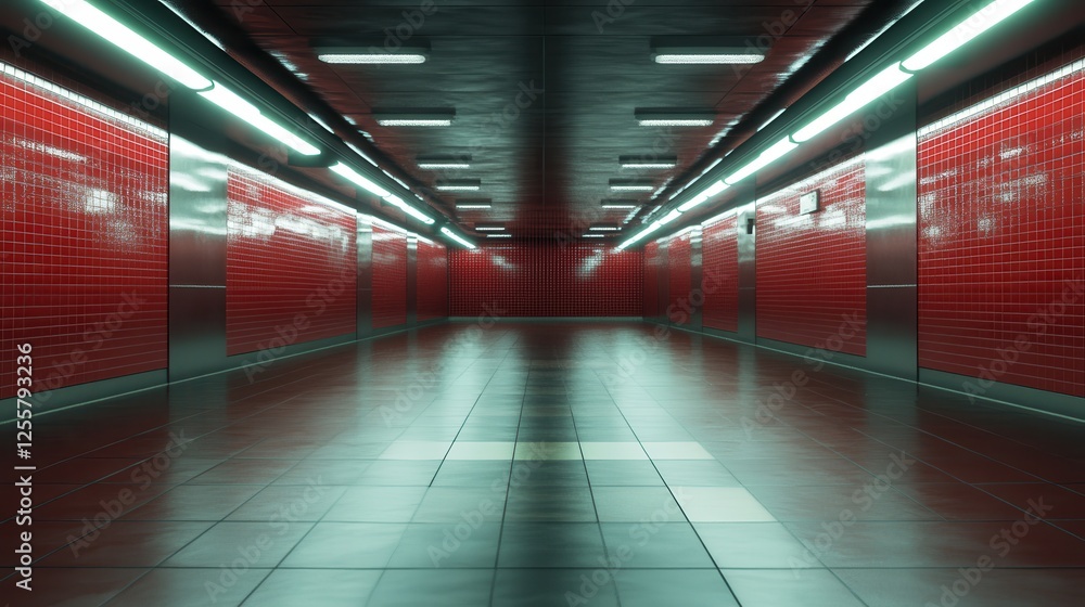 Poster a striking corridor with red tiles and strong lighting creates an inviting yet bold atmosphere, idea