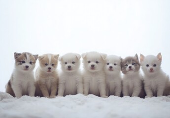 Fototapeta premium Adorable Row Of Puppies And Kittens On Snow