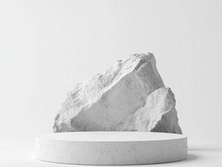 Stone concept shop product display strong podium stand commercial advertisement rock white raw nature material. space for placing products 