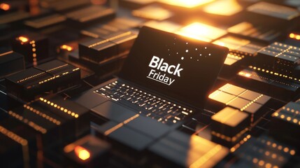 AI-generated close-up of a black laptop with Black Friday text, placed in a futuristic grid of glowing golden tech. Ideal for e-commerce or digital sale visuals.