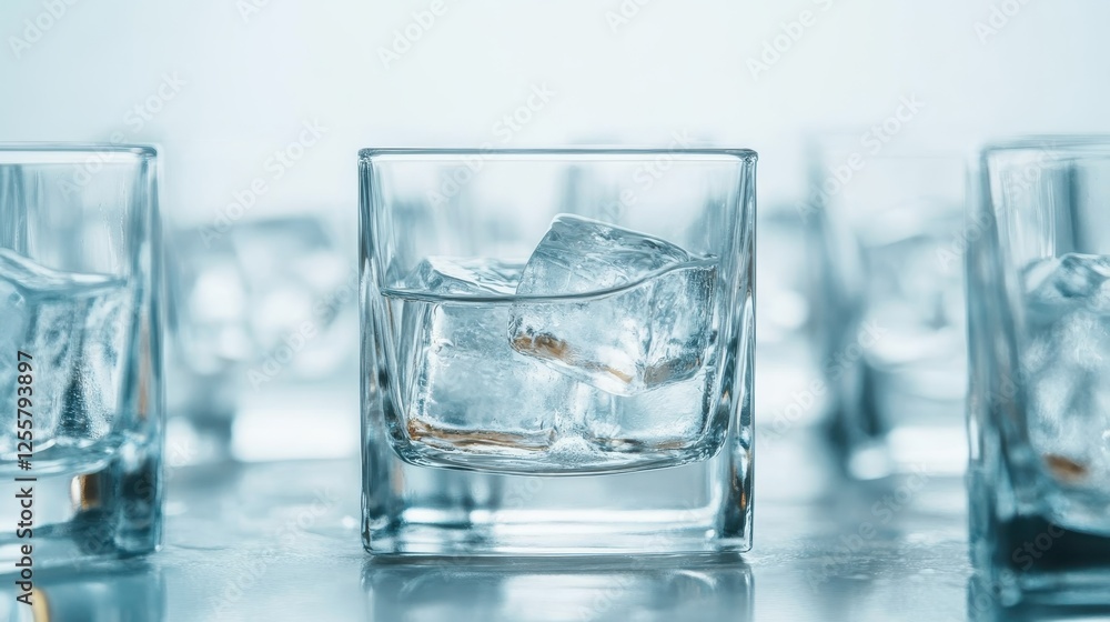 Poster ice cubes glistening in a clear glass present a refreshing visual, evoking a sense of coolness and i