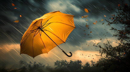 A dynamic photograph of a yellow umbrella being blown away by strong winds