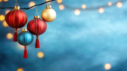 Colorful decorative lanterns with bokeh lights, creating a festive atmosphere.
