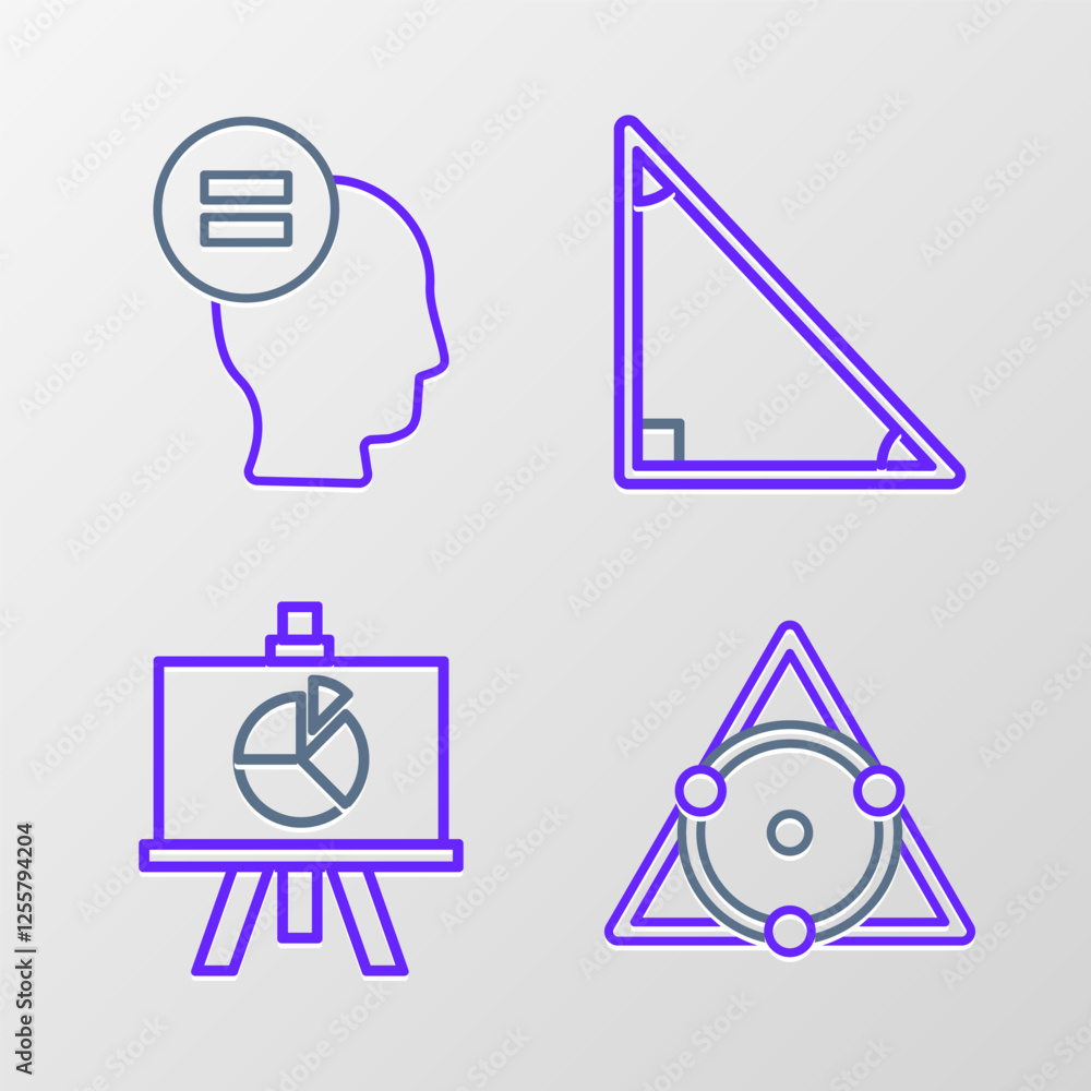 Aufkleber set line triangle math, chalkboard with diagram, and calculation icon. vector