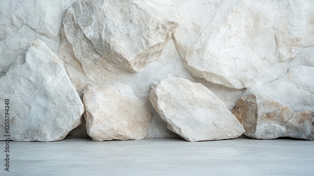 Poster a minimalistic image of large, white stones arranged in an abstract fashion on a light backdrop, emp
