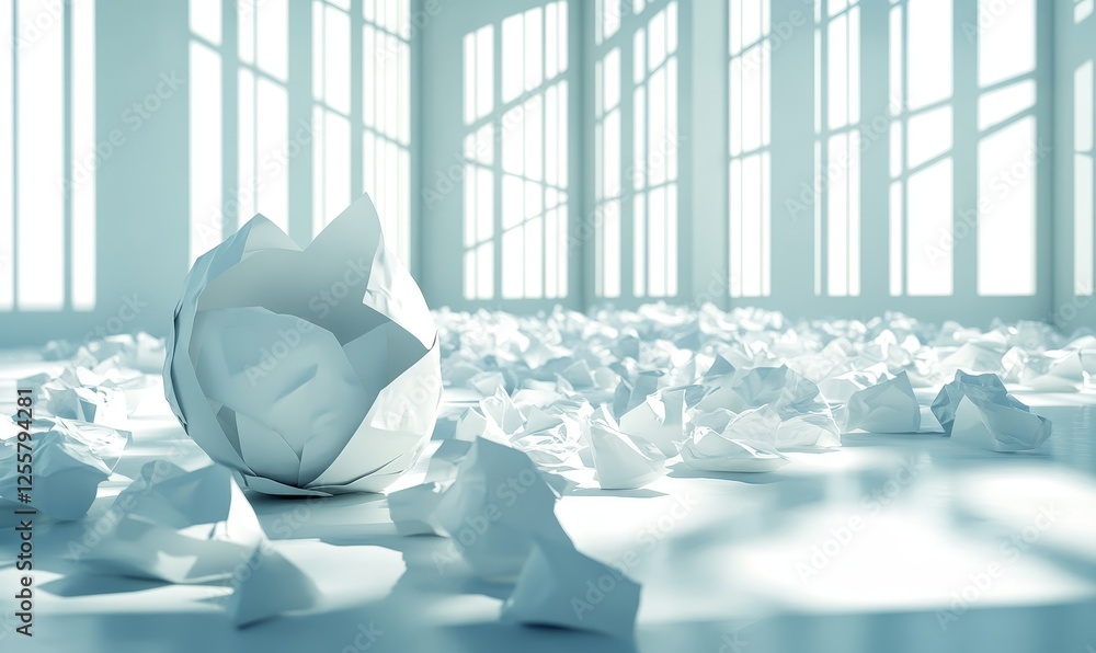 Poster crumpled paper ball and scattered sheets in bright room with large windows, concept of brainstorming