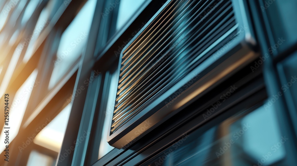 Poster a close-up view of a building’s ventilation system presents a striking interplay of lines and light,