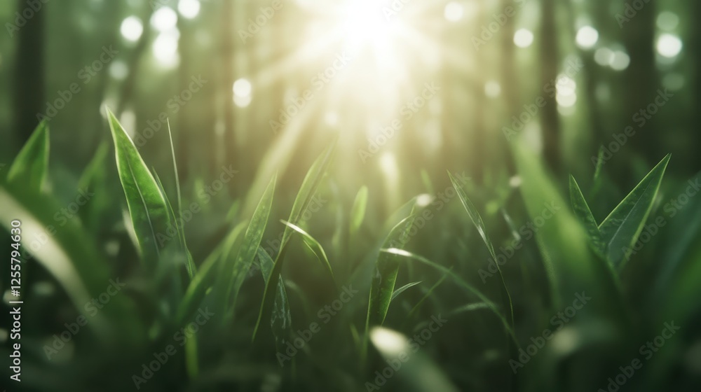 Poster a captivating image of green grass against a backdrop of trees, illuminated by golden sunlight, invi