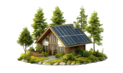 A model of a small house with solar photovoltaic panels installed on the roof