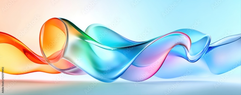 Wall mural Colorful flowing ribbons creating an abstract wave on a soft gradient background.