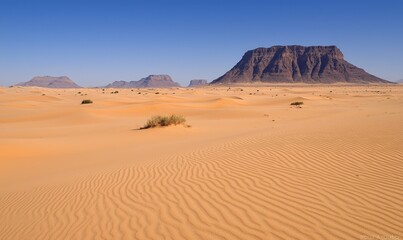Desert landscape with sand dunes, sparse vegetation, and mountains under a clear blue sky
