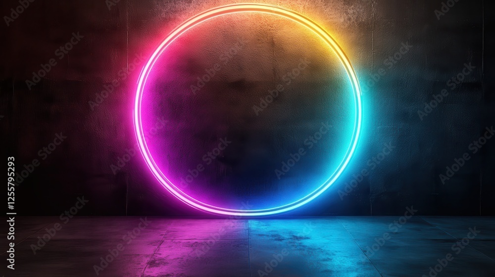 Poster this vibrant image features a neon circular light ring set against a dark grunge background, creatin