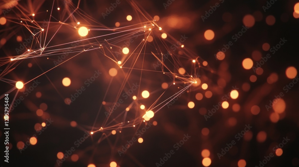 Poster abstract network of glowing nodes and lines in warm orange tones