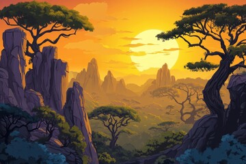 Vibrant Sunset Over Rugged Mountains and Lush Savanna Landscape