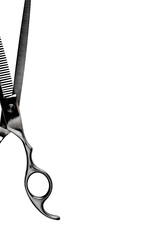 Part of black scissors with thinning share isolated on white. Grooming and hair cut concept.