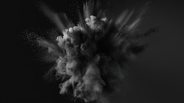 Gary powder explosion isolated on black background. Dark abstract futuristic modern design