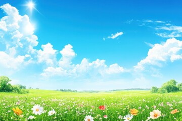 Bright Blue Sky Over a Lush Green Field with Colorful Flowers