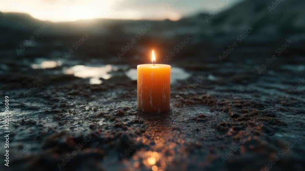 Poster a serene image of a glowing candle positioned on a wet ground during dusk, creating a tranquil and c