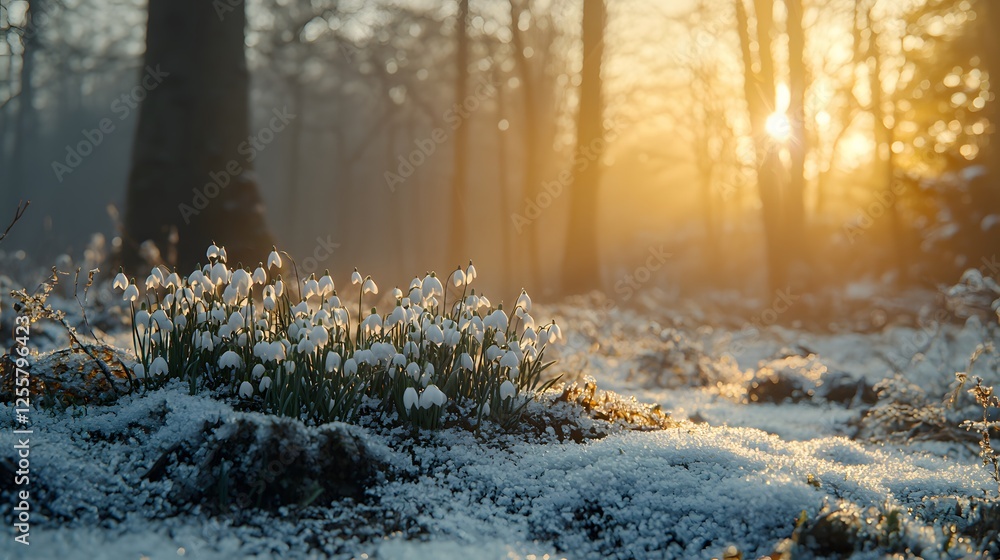 Poster cluster of snowdrops emerging from icy ground with soft light. generative ai