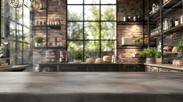 Empty stone marble table top in blurred bakery background. Blank nature textured rock desktop for product display in abstract blurred food shop backdrop