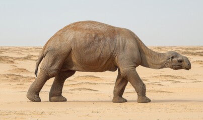Fototapeta premium Extinct Macrauchenia mammal walking across prehistoric desert landscape