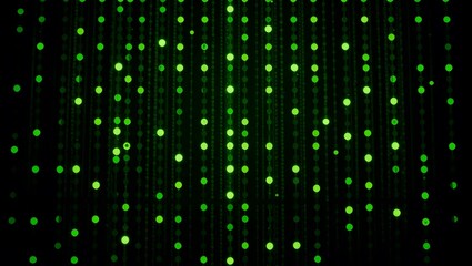 Abstract digital rain of bright lime green glowing circles on a pitch black background. Vertical streams of glowing dots create a dynamic visual effect. The circles vary slightly in intensity and size