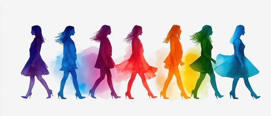 Colorful silhouettes of a woman gracefully walking with flowing dresses.