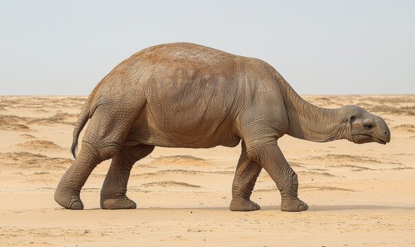 Extinct Macrauchenia mammal walking across prehistoric desert landscape