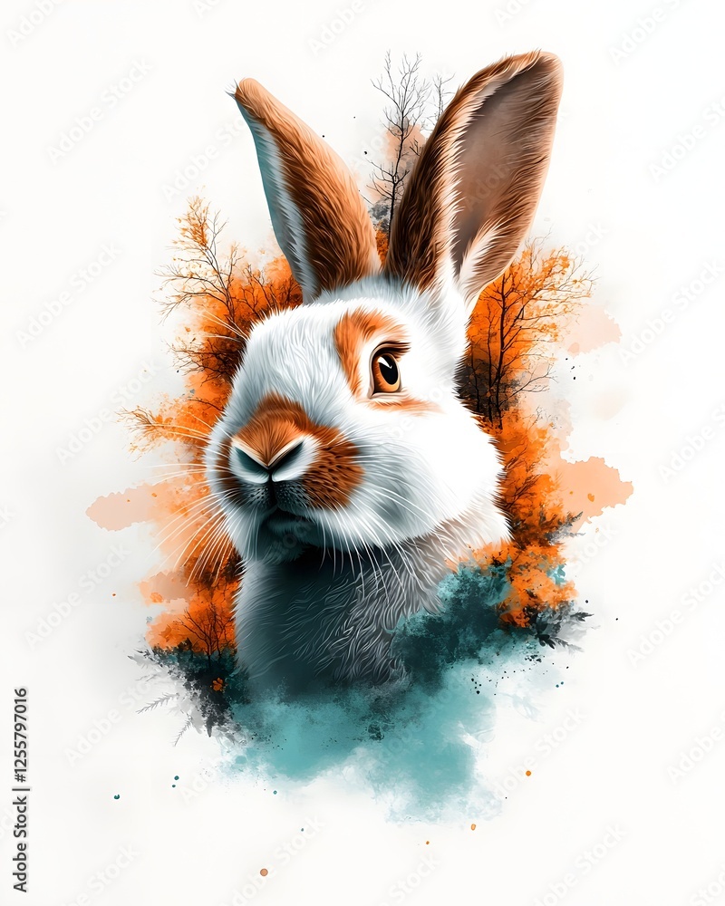 Poster delicate watercolor portrait of a thoughtful rabbit with expressive eyes and soft fluffy fur the rab