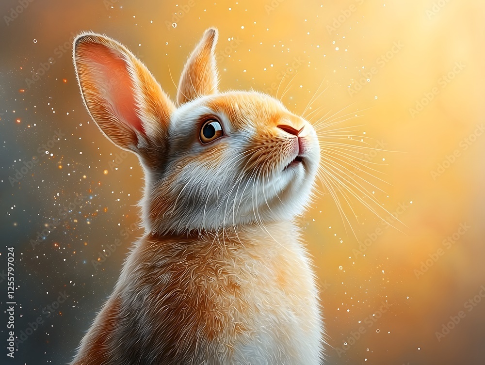 Poster delicate watercolor rabbit gently coalescing from a kaleidoscope of mystical prismatic particles eth