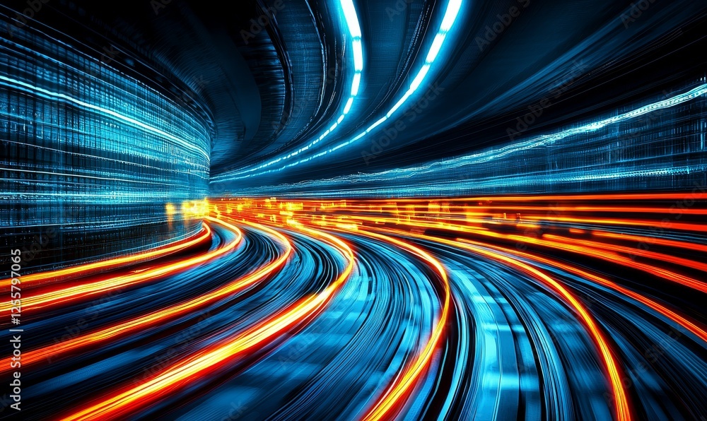 Poster fast data stream in digital tunnel with light trails, ideal for tech or communication visuals